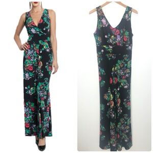 Clara Sunwoo Floral Wide Leg Jumpsuit Womens S Black V-Neck Sleeveless Stretch